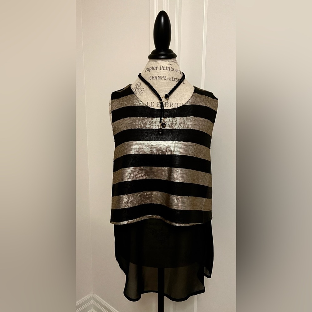 Fine matte-ish Black & Gold Sequins detail on Black Sheer. Tunic type Tank.